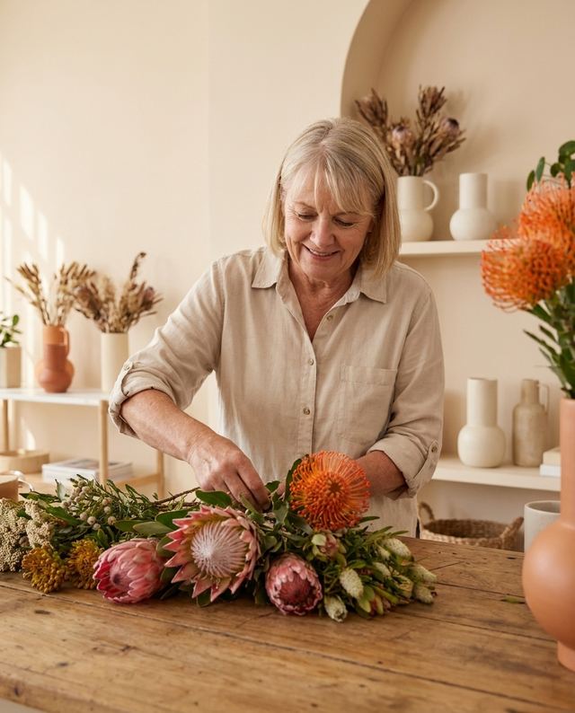 A florist arranging proteas on her counter