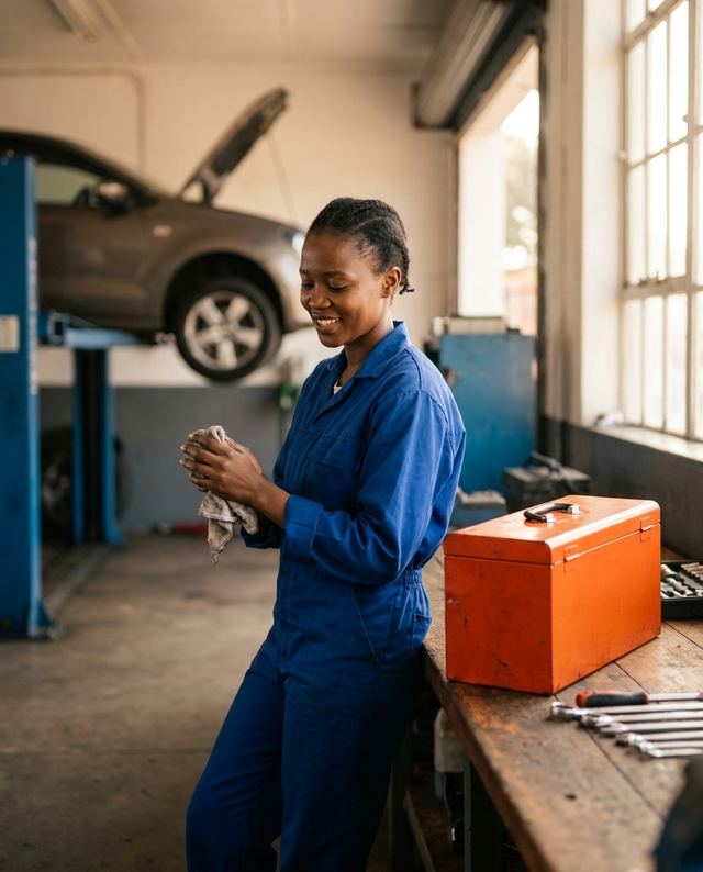 A workshop owner wiping her hands at a workbench
