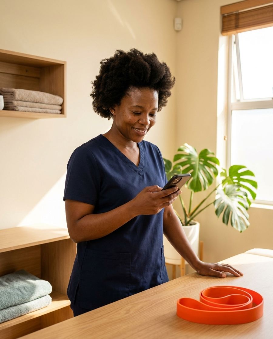 A physiotherapist in her practice, smiling at a message on her phone