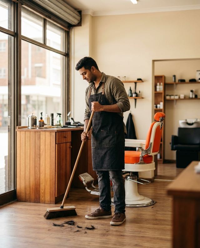 A barber sweeping his shop floor